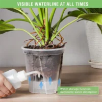 kf-S0737a41b05d74e8e9e3447904162a67f9-6-Inch-Transparent-Plastic-Garden-Pots-Self-Watering-Planters-5-Pack-Plastic-Nursery-Plant-Pots-with.webp 5 יח' עציצים חכמים שקופים עם השקיה תחתית לשתילה וגידול צמחים מיוחדים