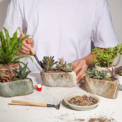 סט 3 עציצי קרמיקה מלבניים במראה אבן טבעית - שילוב של עמידות, יופי ופונקציונליות