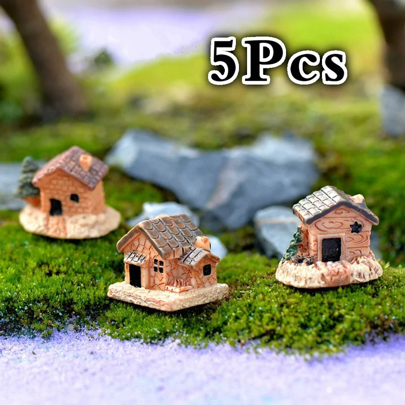 5 בקתות אבן כפרית מיניאטורית משרף לעיצוב הטרריומים וגינת פיות